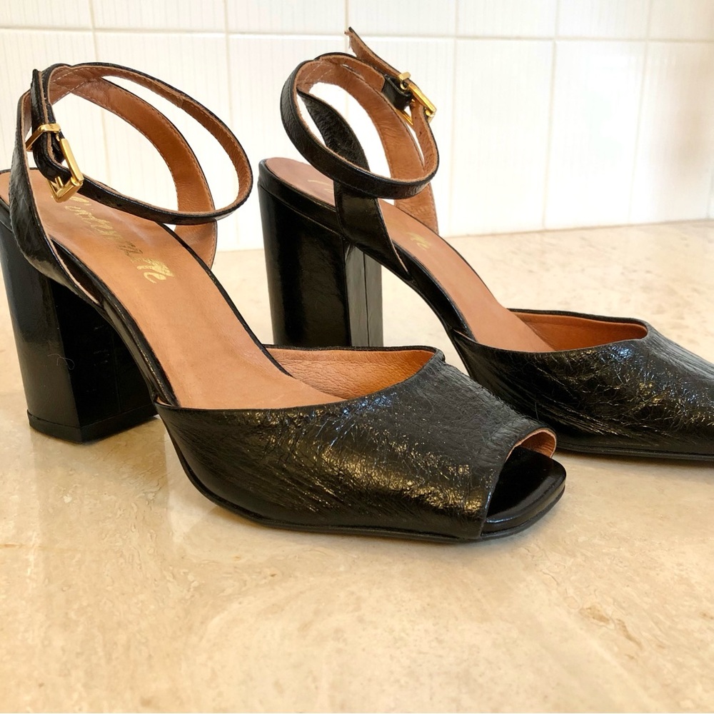 Black patent leather Peep-Toe Ankle Strap Block Heel Sandals